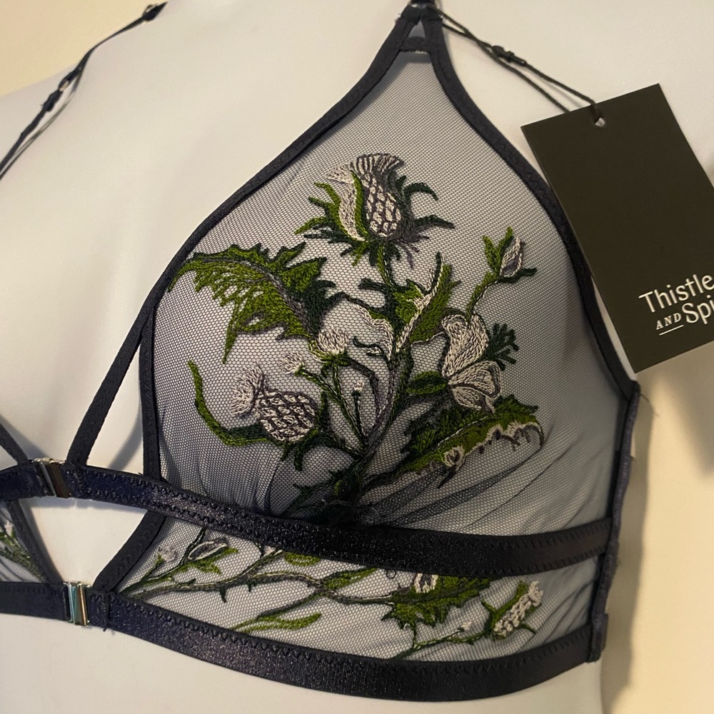Thistle and Spire Embroidered Mesh Bralette -  Denim and Green NWT